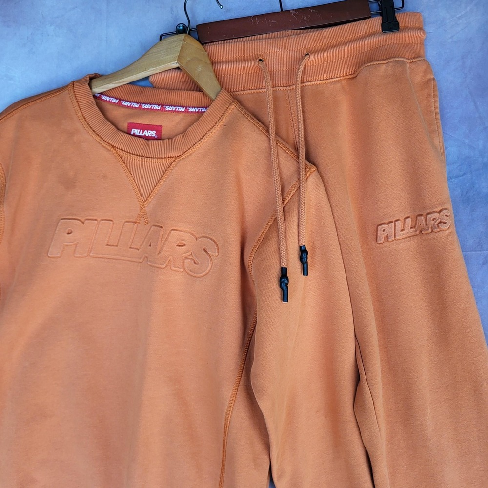 Pillars Fleece Sweatsuit 2 Piece Set Mens Size M Orange Logo Jogger Tracksuit